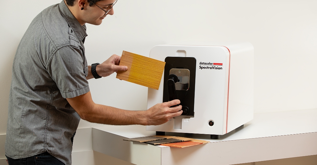 man measuring wood sample with spectrophotometer